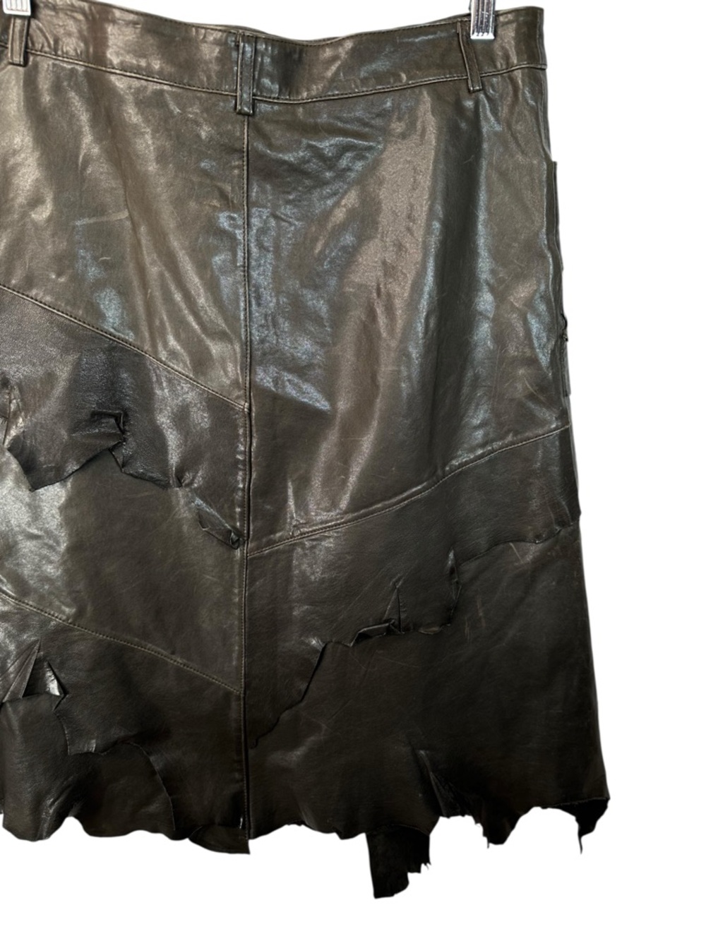 Danier Leather Skirt 10 Brown Patchwork Jagged Hem A Line Edgy Statement - Picture 9 of 14